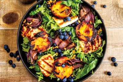 Grilled peach and halloumi salad with blueberry basil vinaigrette