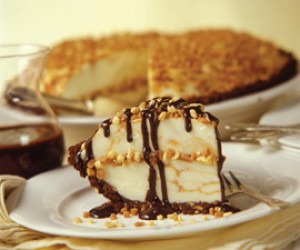 Frozen Peanut Crunch Dessert with Chocolate Sauce