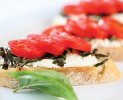 Sweet Basil, Tomato and Goat Cheese Crustini