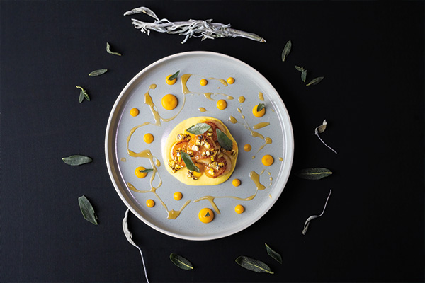 Pan-seared Scallops with Corn and Squash purées, Maple Gastrique, Fried Sage
