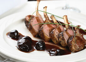 Rack of Lamb with Caramelized Pearl Onions, Balsamic and Red Wine Reduction
